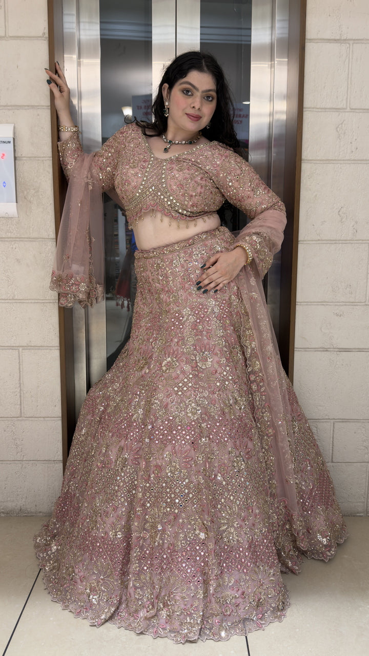 Blush Pink Bridal Lehenga Set with Heavy Zari Embroidery & Net Dupatta