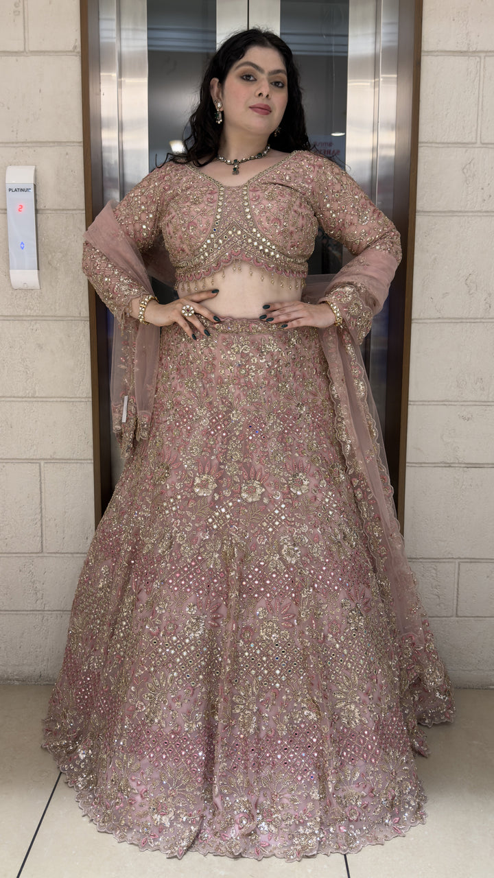 Blush Pink Bridal Lehenga Set with Heavy Zari Embroidery & Net Dupatta