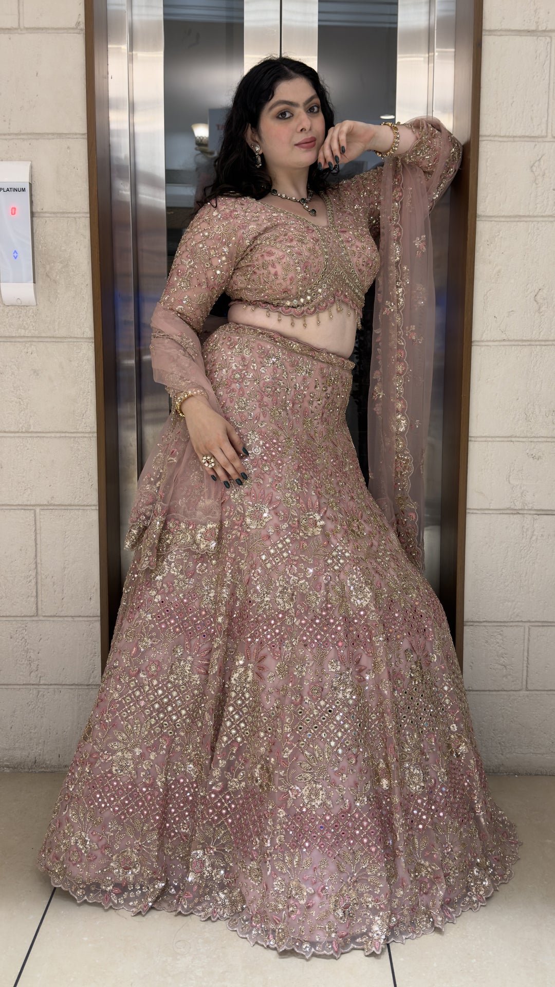 Blush Pink Bridal Lehenga Set with Heavy Zari Embroidery & Net Dupatta