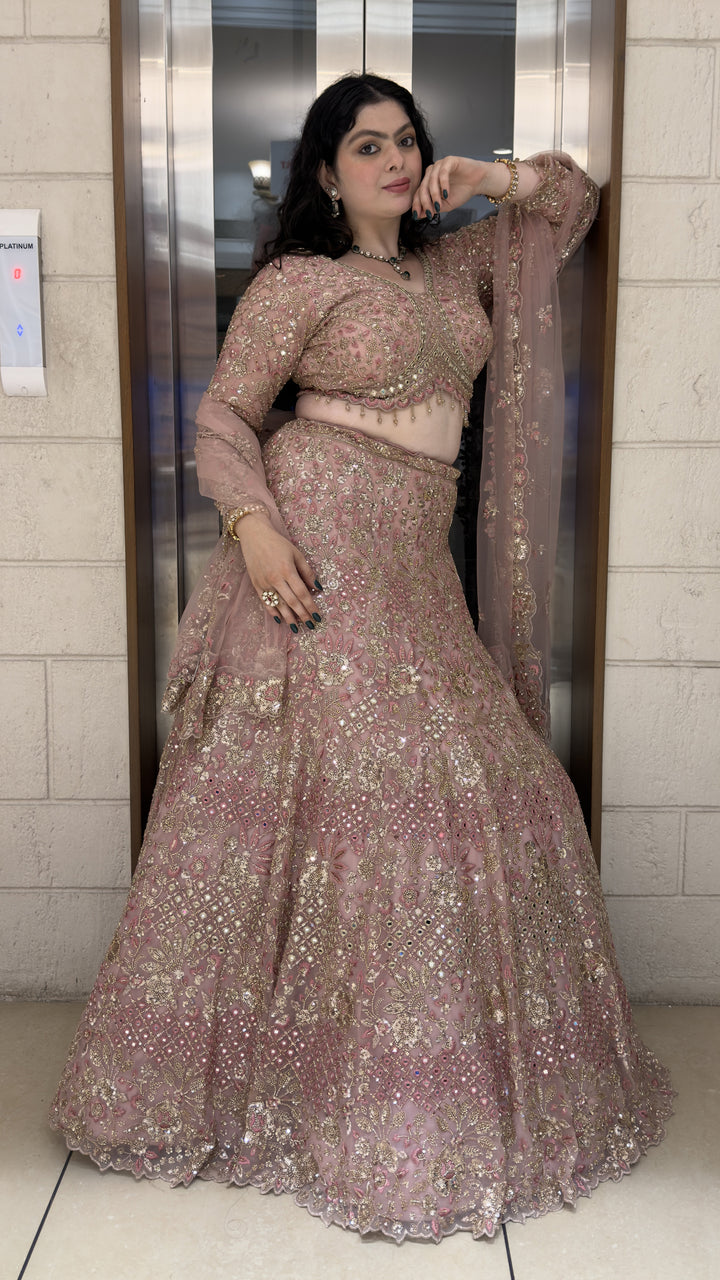 Blush Pink Bridal Lehenga Set with Heavy Zari Embroidery & Net Dupatta