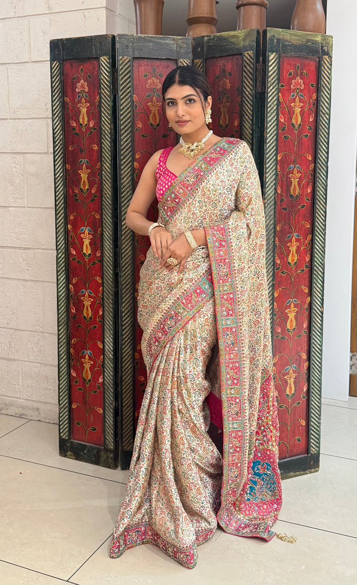 Regal Cream Banarasi Silk Saree with Multicolor Meenakari Weaving & Contrast Pink Border