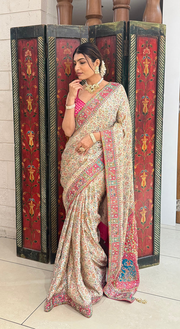 Regal Cream Banarasi Silk Saree with Multicolor Meenakari Weaving & Contrast Pink Border