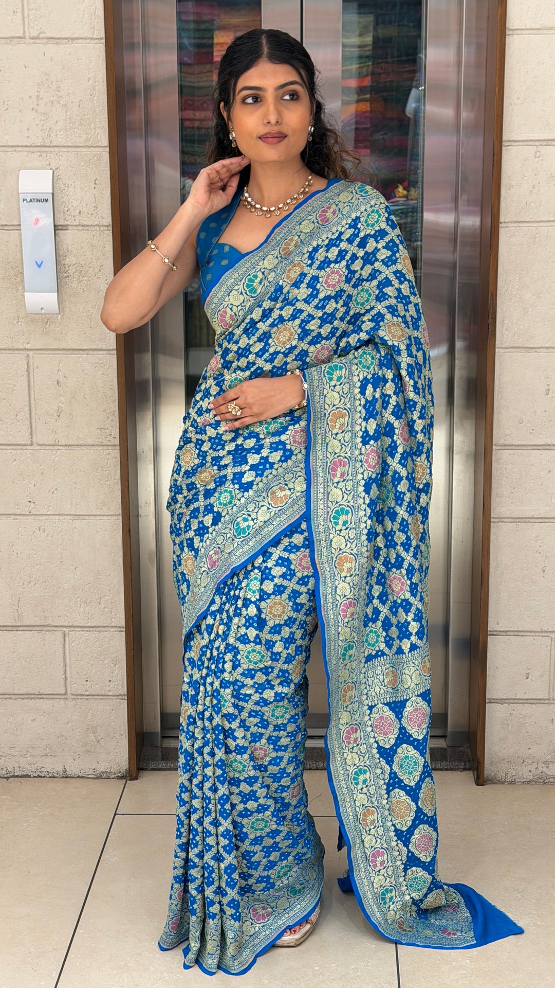 Royal Blue Banarasi Floral Weaving Saree with Designer Blouse