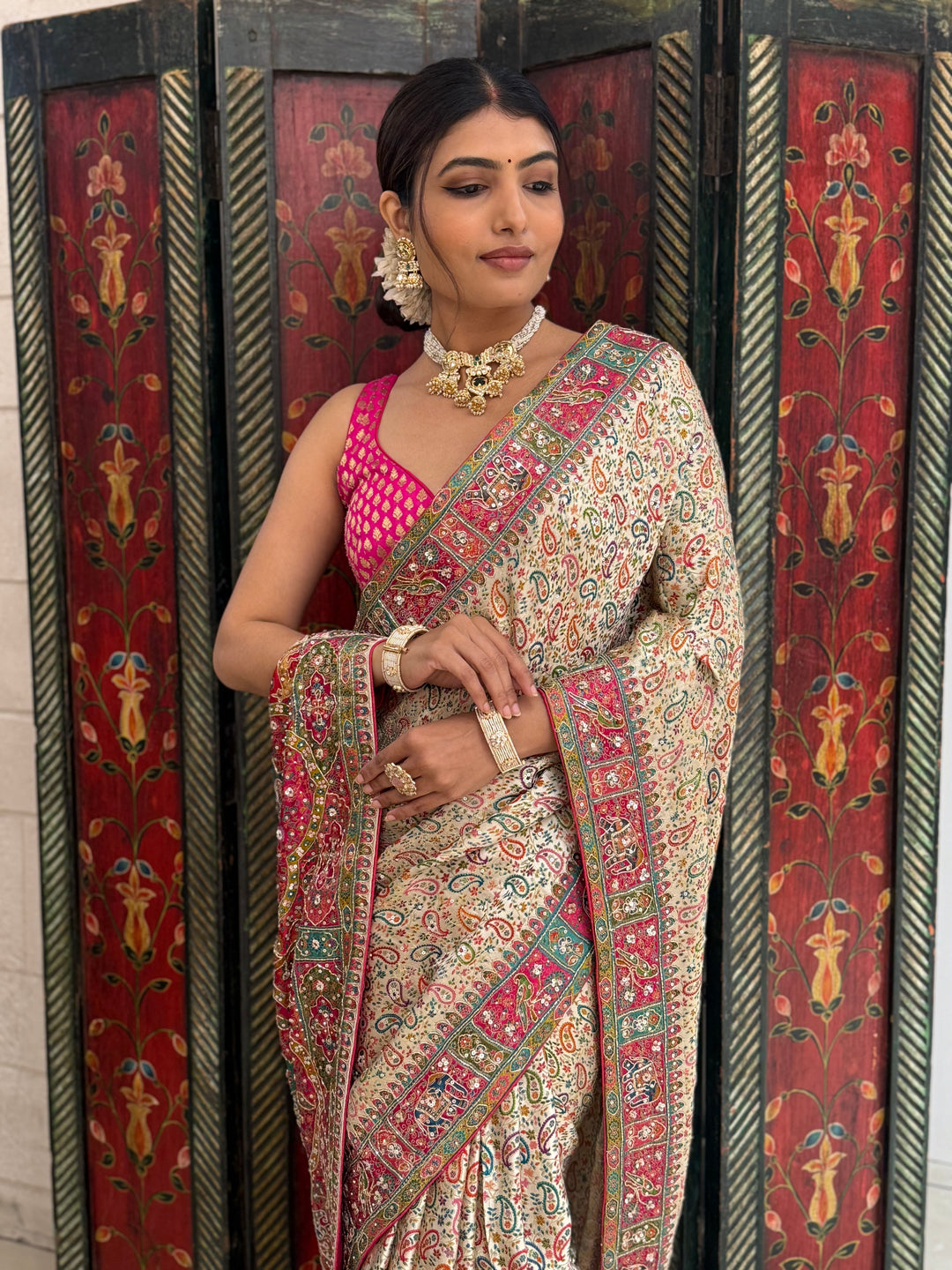 Regal Cream Banarasi Silk Saree with Multicolor Meenakari Weaving & Contrast Pink Border