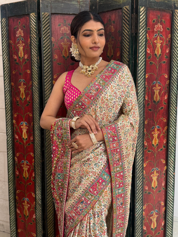 Regal Cream Banarasi Silk Saree with Multicolor Meenakari Weaving & Contrast Pink Border