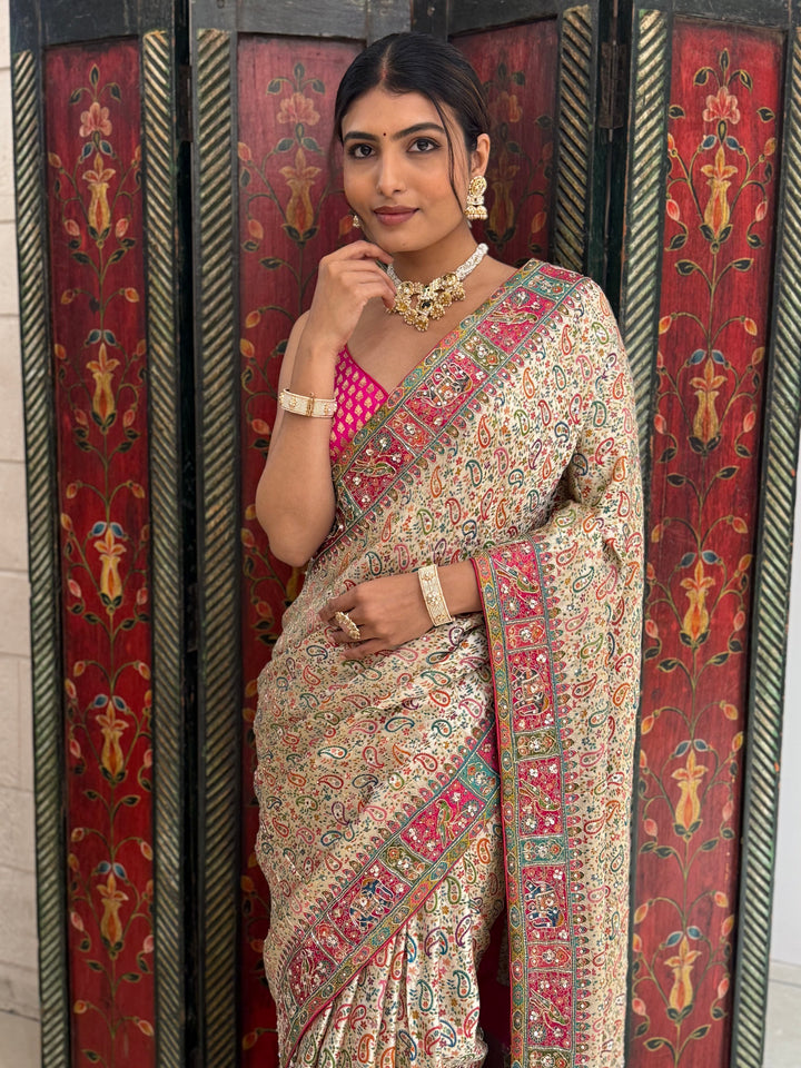 Regal Cream Banarasi Silk Saree with Multicolor Meenakari Weaving & Contrast Pink Border