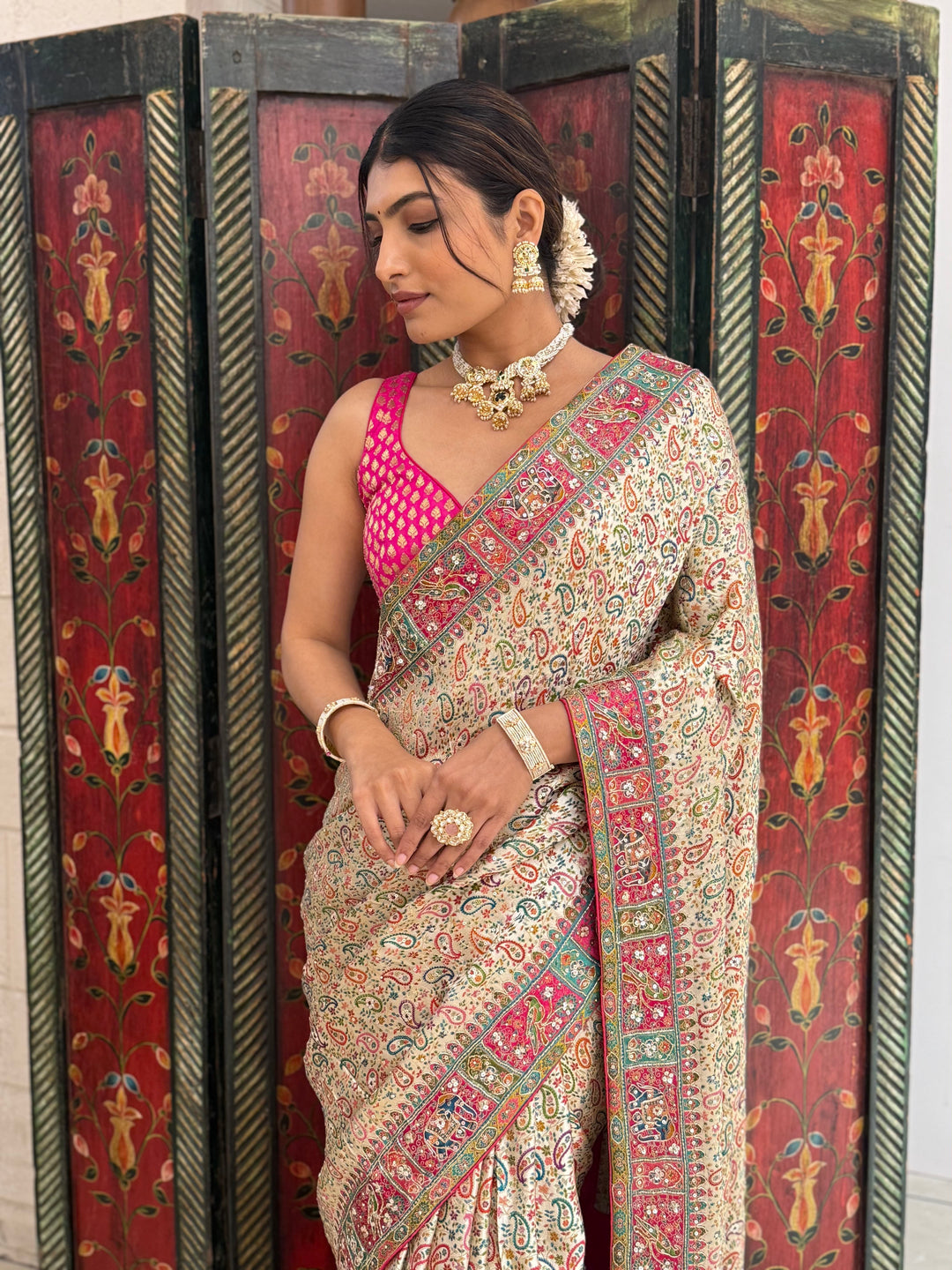 Regal Cream Banarasi Silk Saree with Multicolor Meenakari Weaving & Contrast Pink Border