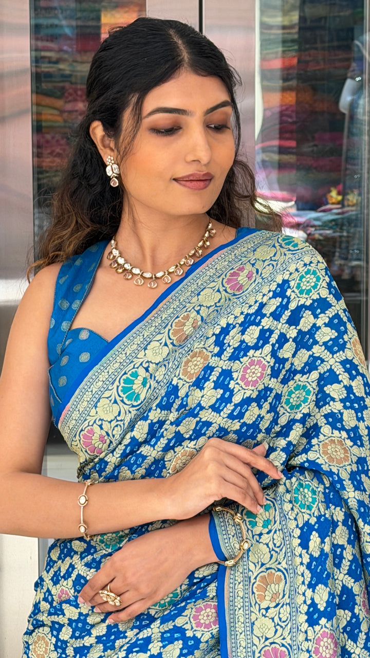 Royal Blue Banarasi Floral Weaving Saree with Designer Blouse