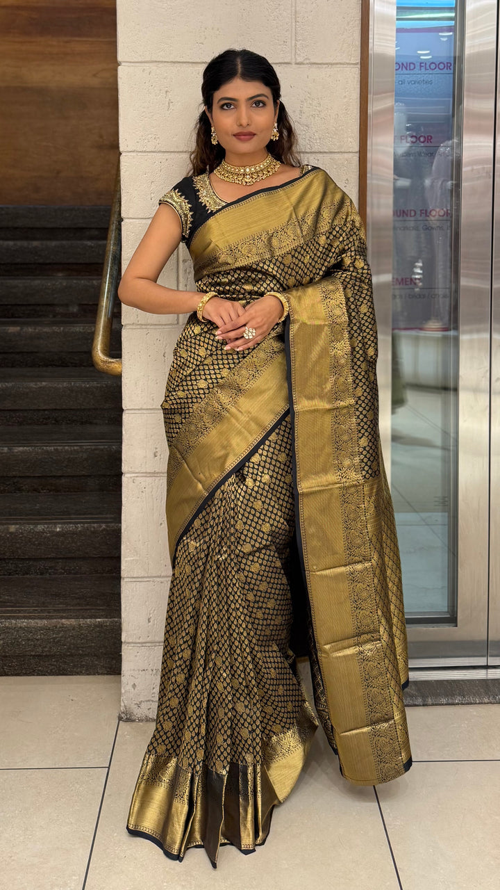 Black & Antique Gold Banarasi Silk Saree with Rich Zari Weaving