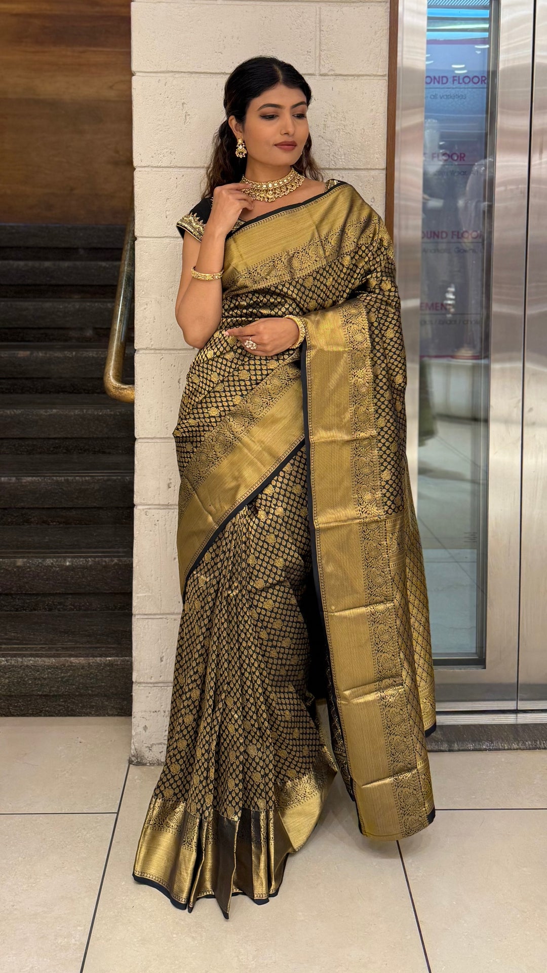 Black & Antique Gold Banarasi Silk Saree with Rich Zari Weaving
