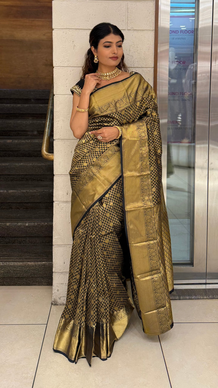 Black & Antique Gold Banarasi Silk Saree with Rich Zari Weaving