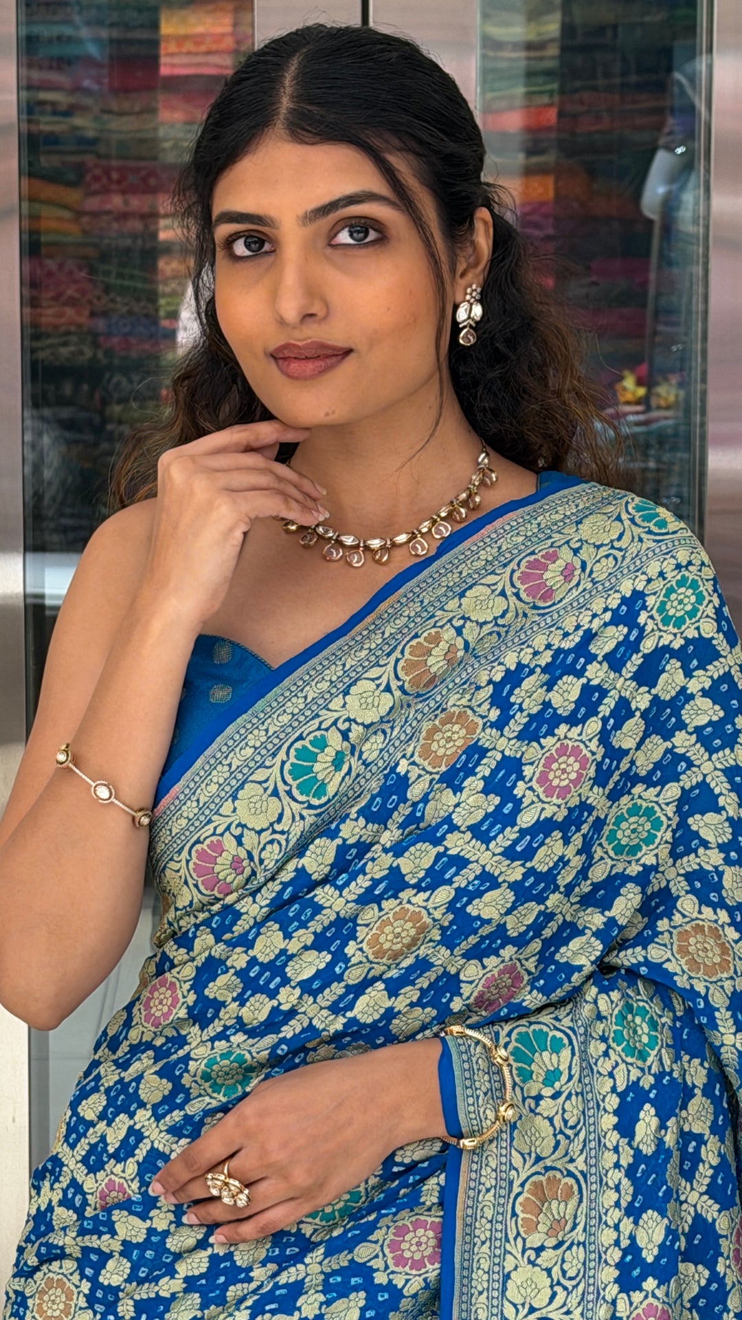 Royal Blue Banarasi Floral Weaving Saree with Designer Blouse