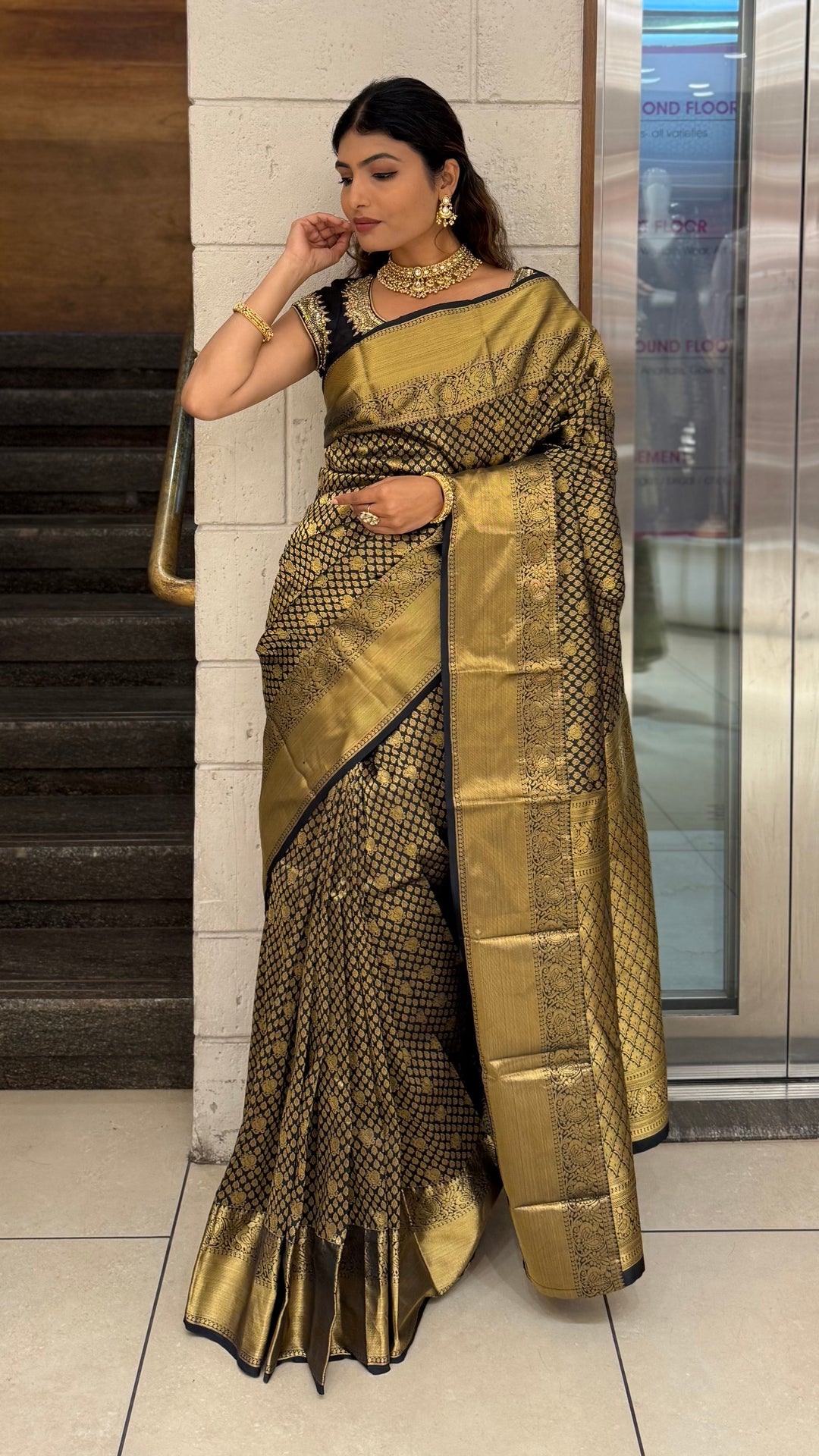 Black & Antique Gold Banarasi Silk Saree with Rich Zari Weaving