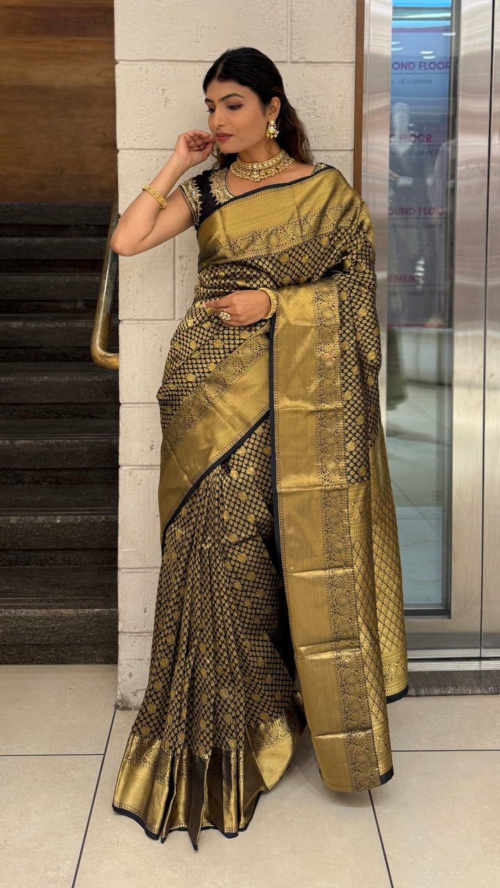 Black & Antique Gold Banarasi Silk Saree with Rich Zari Weaving