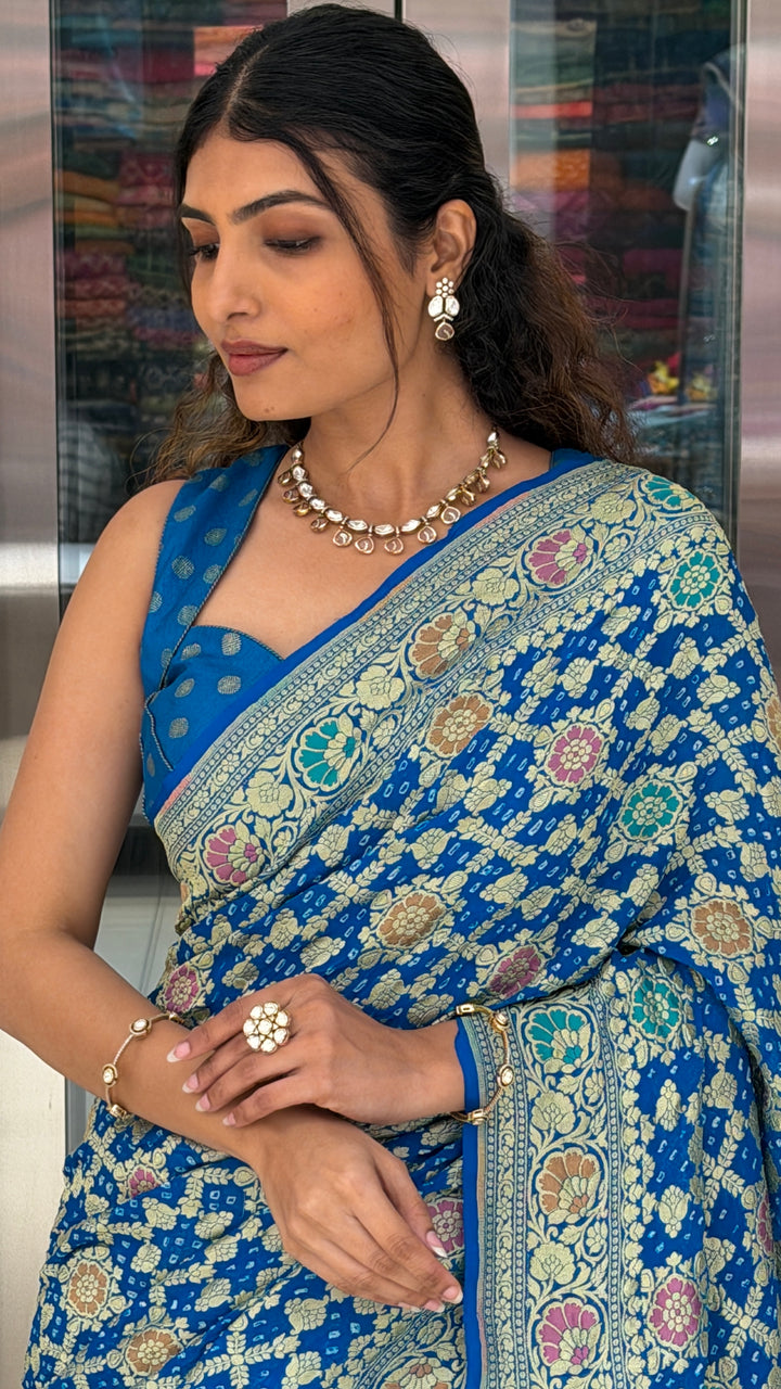Royal Blue Banarasi Floral Weaving Saree with Designer Blouse