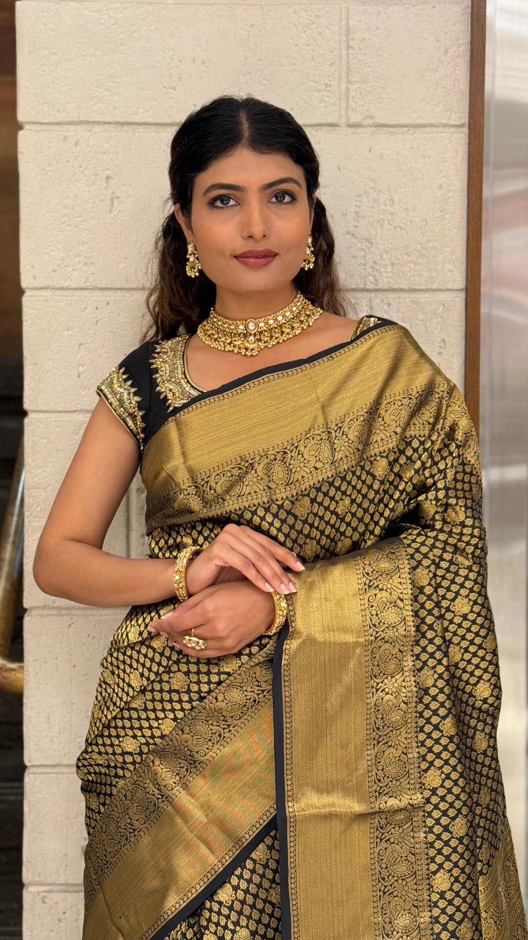 Black & Antique Gold Banarasi Silk Saree with Rich Zari Weaving
