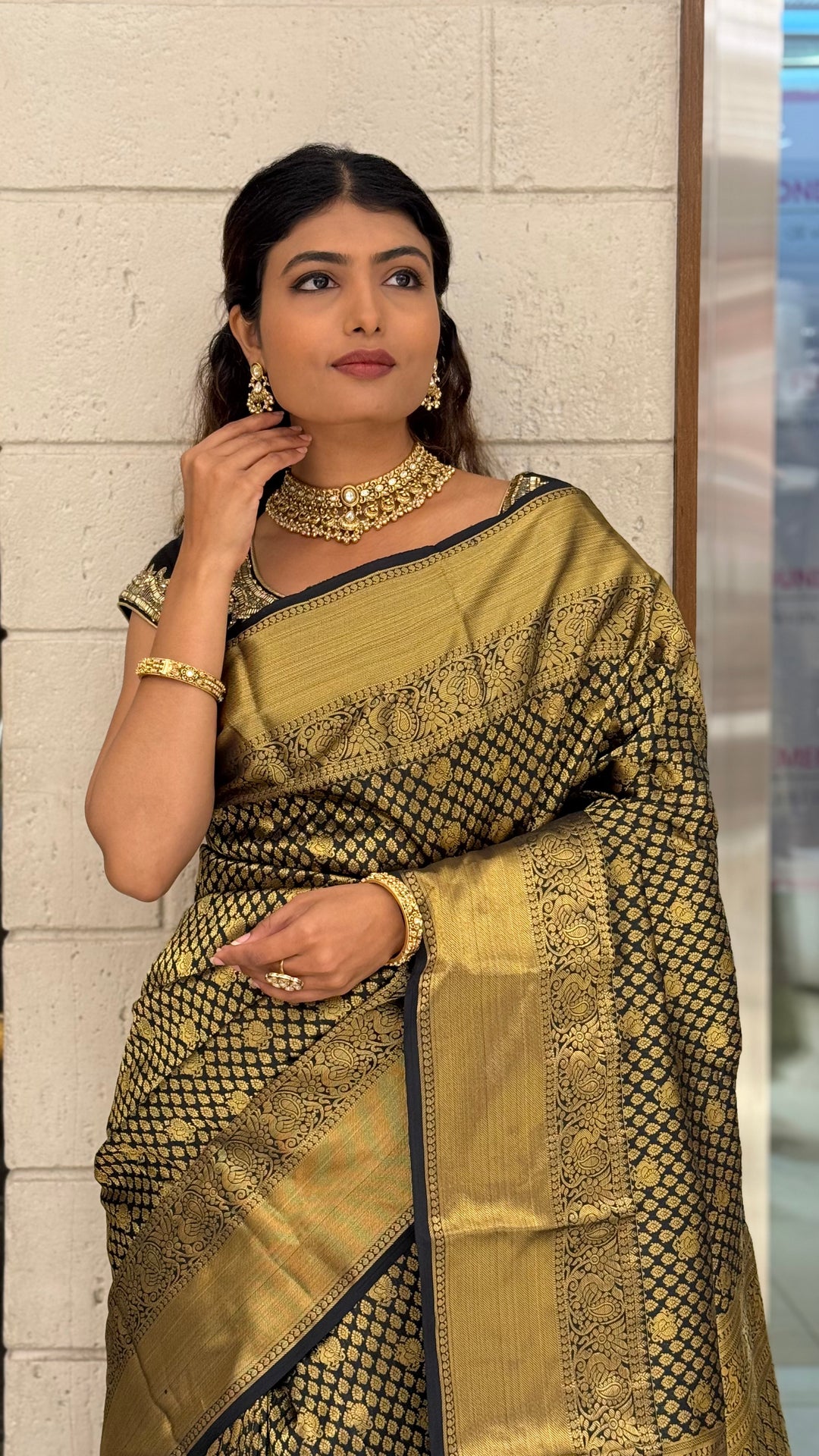 Black & Antique Gold Banarasi Silk Saree with Rich Zari Weaving