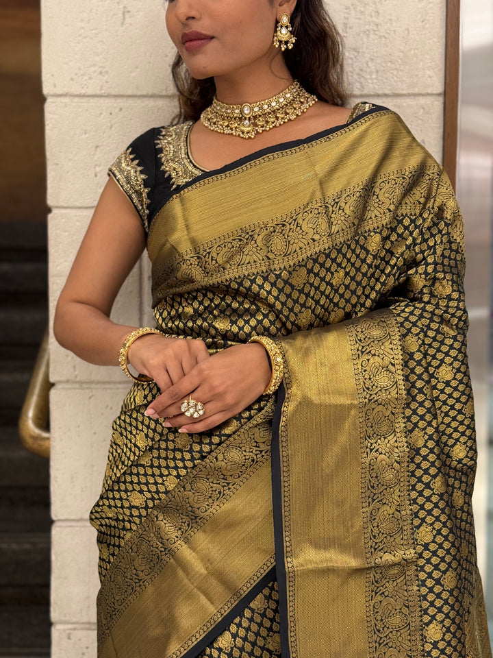 Black & Antique Gold Banarasi Silk Saree with Rich Zari Weaving