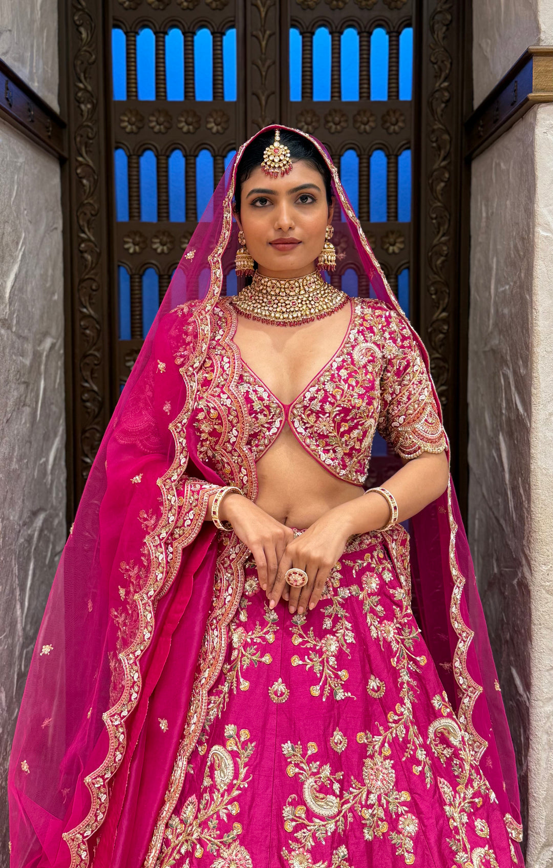Vibrant Rani Pink Bridal Lehenga with Double Dupatta & Handcrafted Zardozi Embroidery
