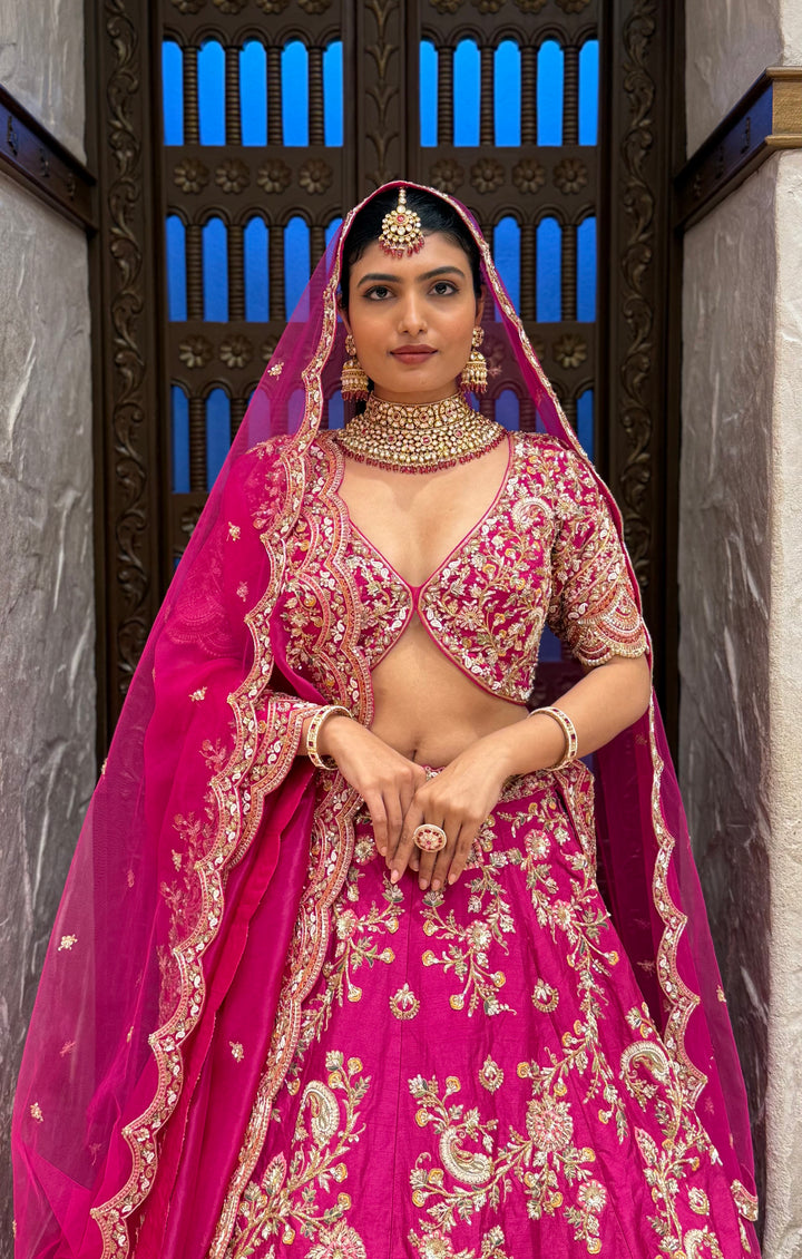 Vibrant Rani Pink Bridal Lehenga with Double Dupatta & Handcrafted Zardozi Embroidery
