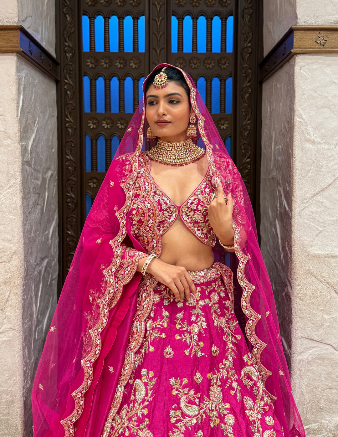 Vibrant Rani Pink Bridal Lehenga with Double Dupatta & Handcrafted Zardozi Embroidery