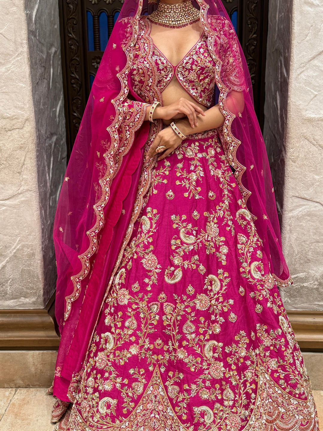 Vibrant Rani Pink Bridal Lehenga with Double Dupatta & Handcrafted Zardozi Embroidery