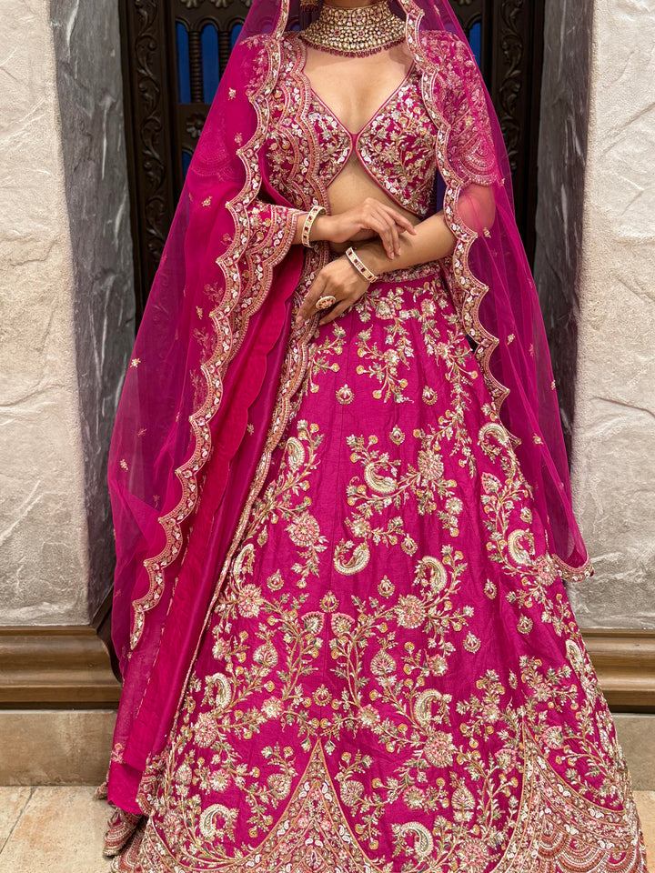 Vibrant Rani Pink Bridal Lehenga with Double Dupatta & Handcrafted Zardozi Embroidery