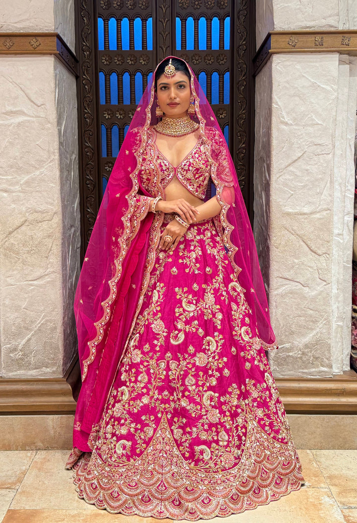 Vibrant Rani Pink Bridal Lehenga with Double Dupatta & Handcrafted Zardozi Embroidery