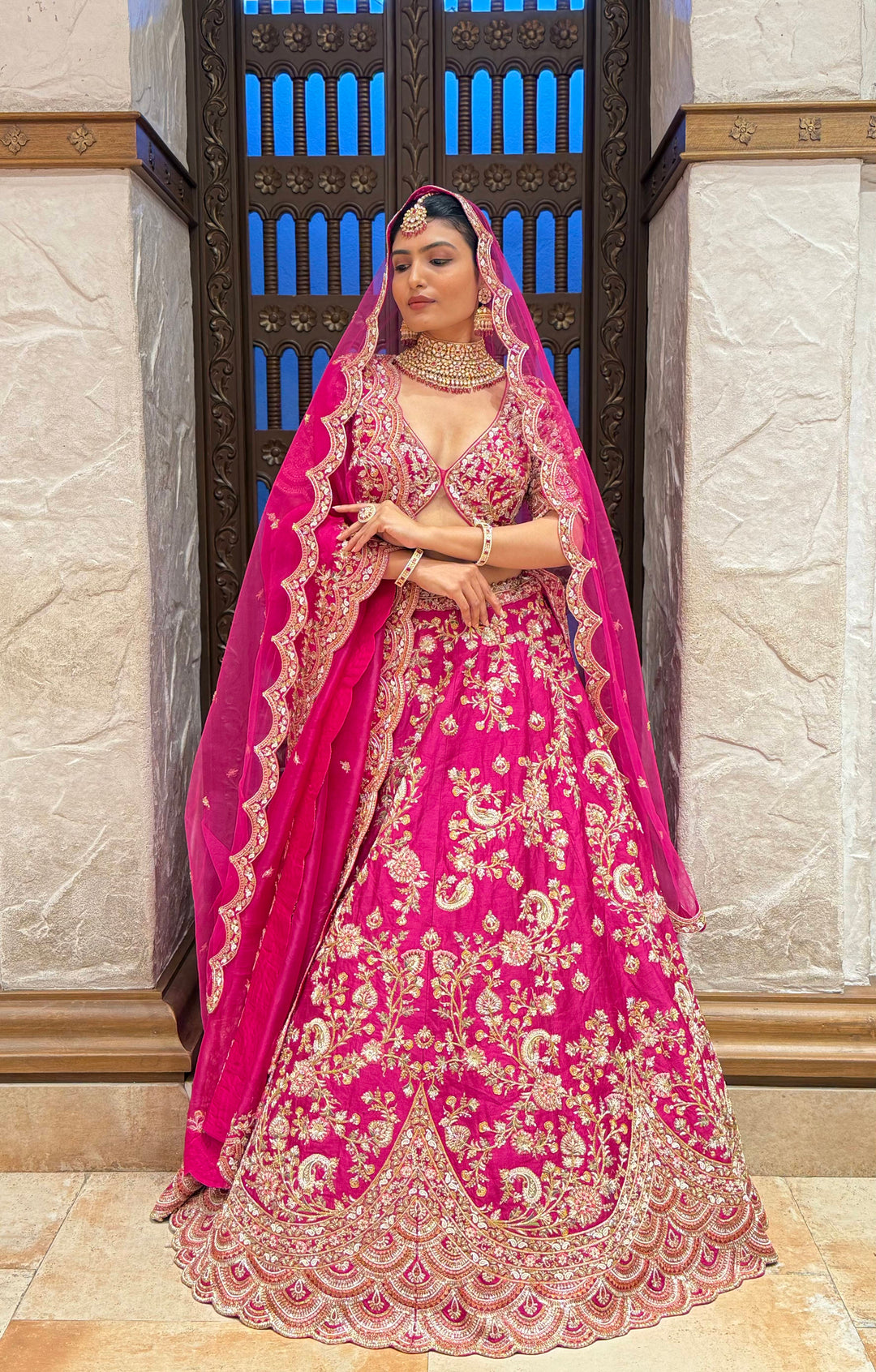 Vibrant Rani Pink Bridal Lehenga with Double Dupatta & Handcrafted Zardozi Embroidery