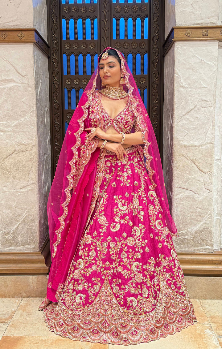 Vibrant Rani Pink Bridal Lehenga with Double Dupatta & Handcrafted Zardozi Embroidery