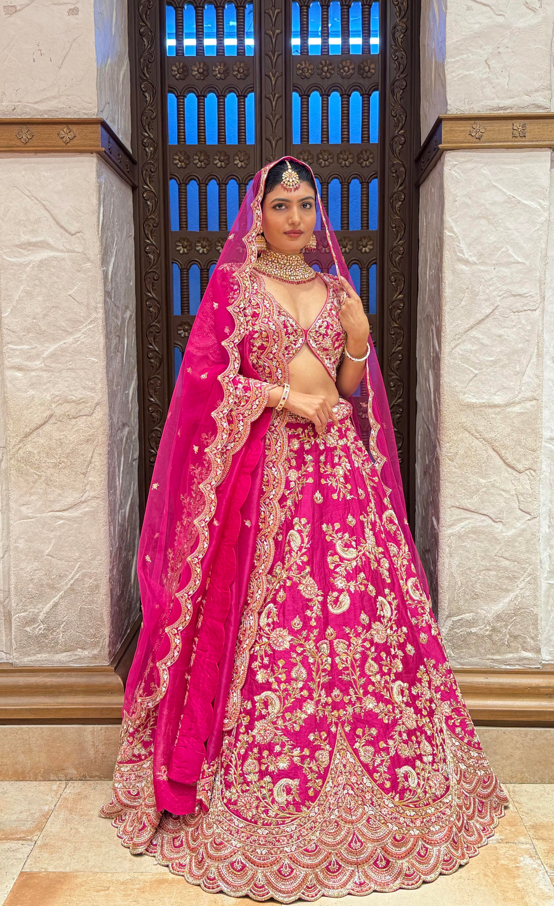 Vibrant Rani Pink Bridal Lehenga with Double Dupatta & Handcrafted Zardozi Embroidery