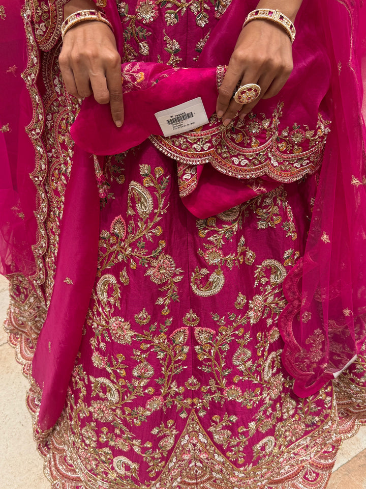 Vibrant Rani Pink Bridal Lehenga with Double Dupatta & Handcrafted Zardozi Embroidery