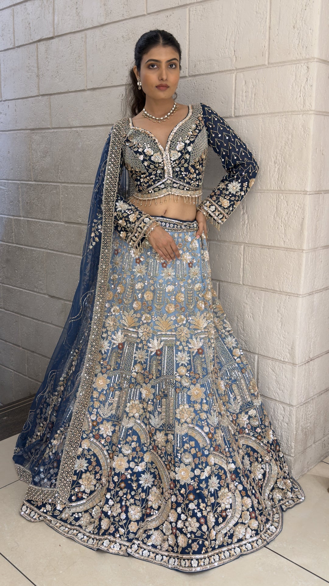 Navy Blue Floral Embroidered Bridal Lehenga Set with Dupatta