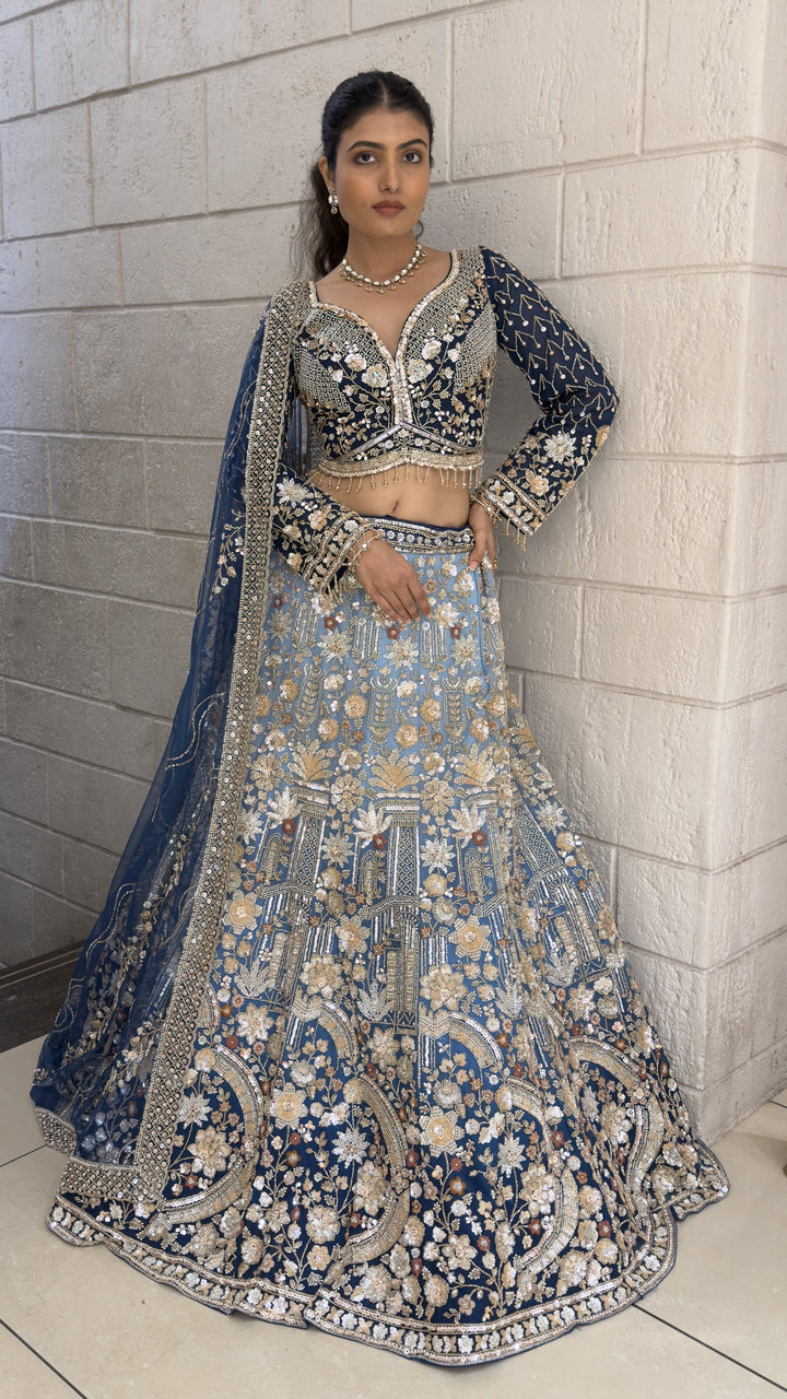 Navy Blue Floral Embroidered Bridal Lehenga Set with Dupatta