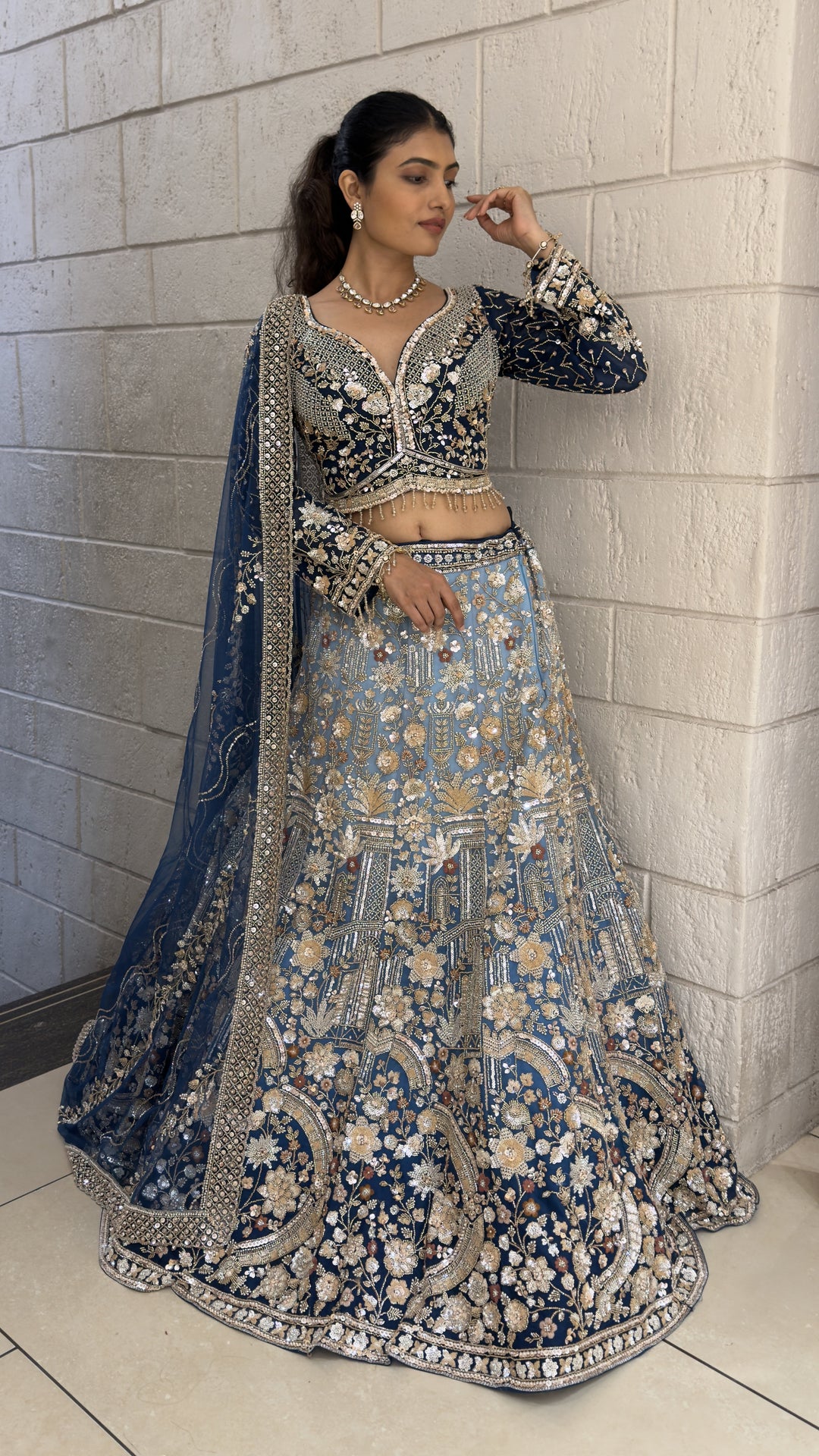 Navy Blue Floral Embroidered Bridal Lehenga Set with Dupatta