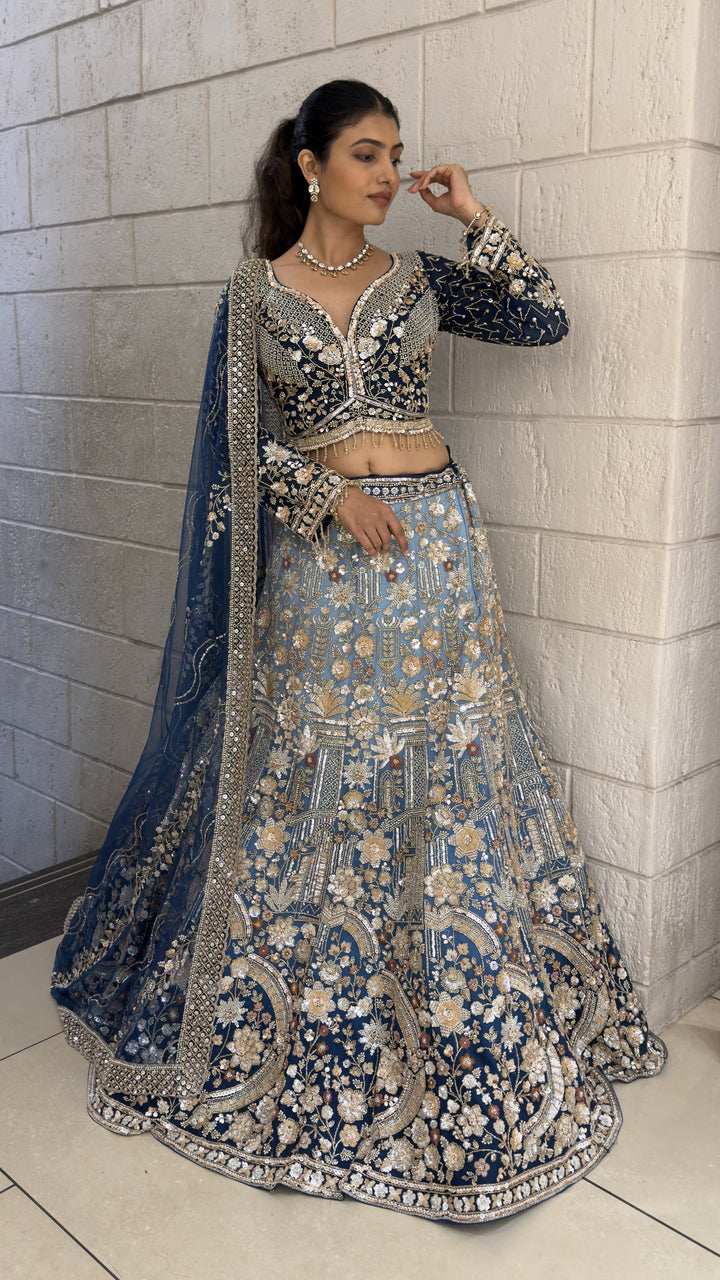Navy Blue Floral Embroidered Bridal Lehenga Set with Dupatta