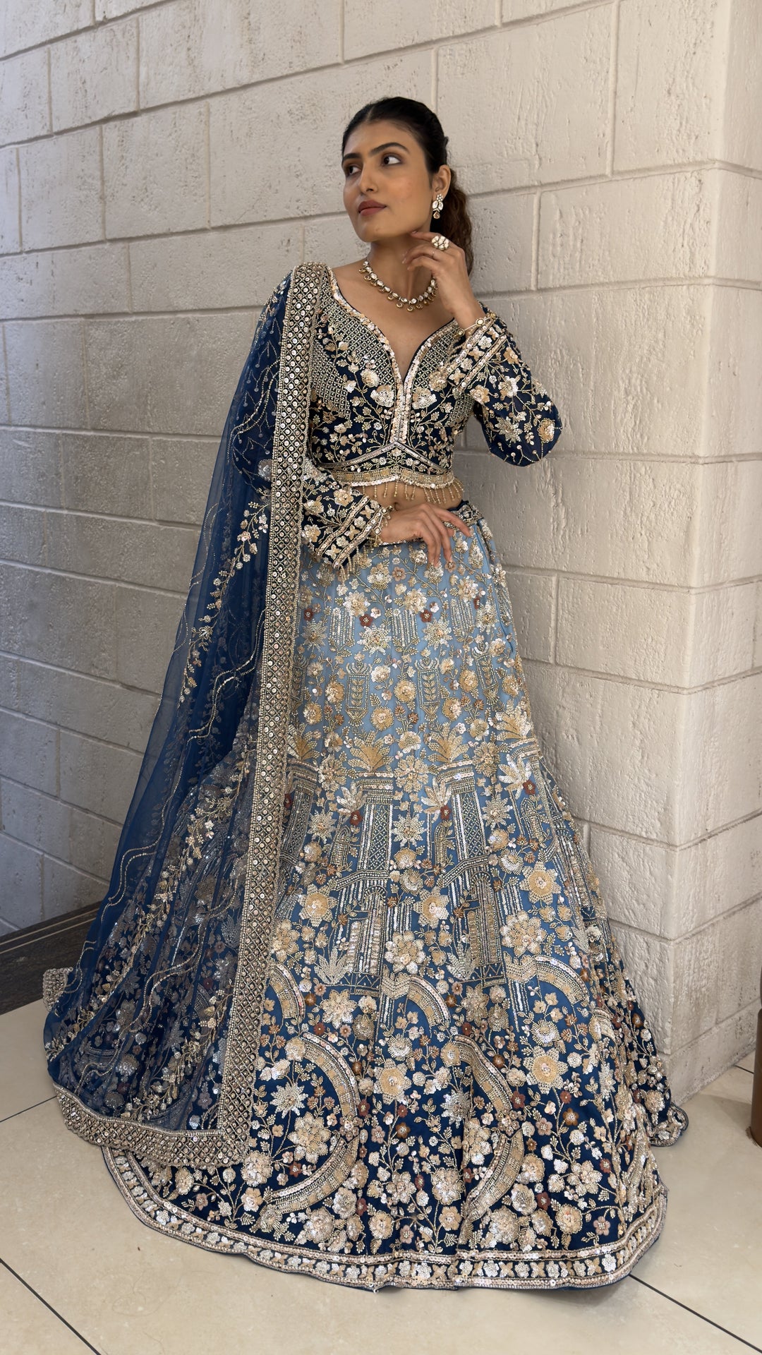 Navy Blue Floral Embroidered Bridal Lehenga Set with Dupatta