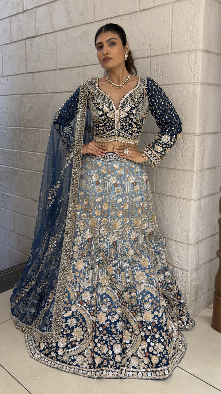 Navy Blue Floral Embroidered Bridal Lehenga Set with Dupatta