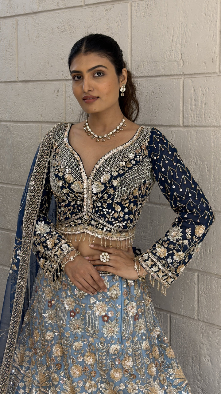 Navy Blue Floral Embroidered Bridal Lehenga Set with Dupatta