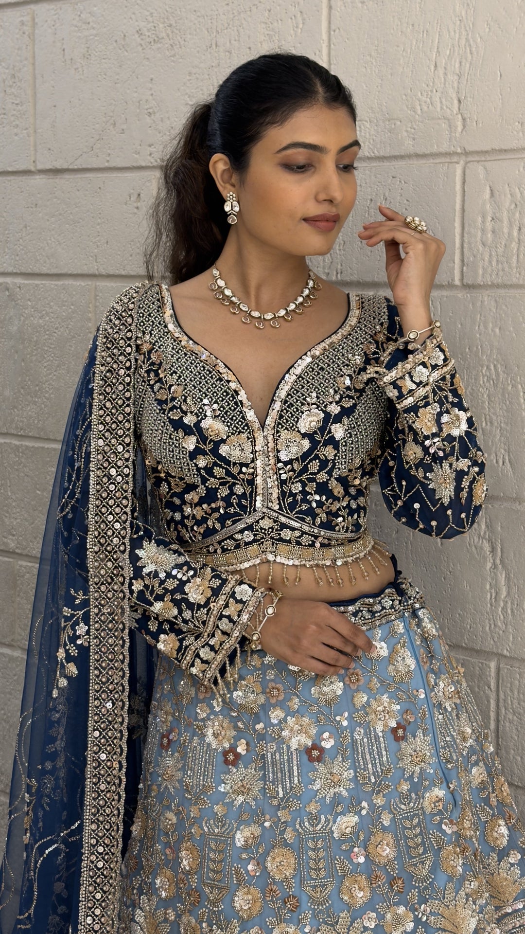Navy Blue Floral Embroidered Bridal Lehenga Set with Dupatta