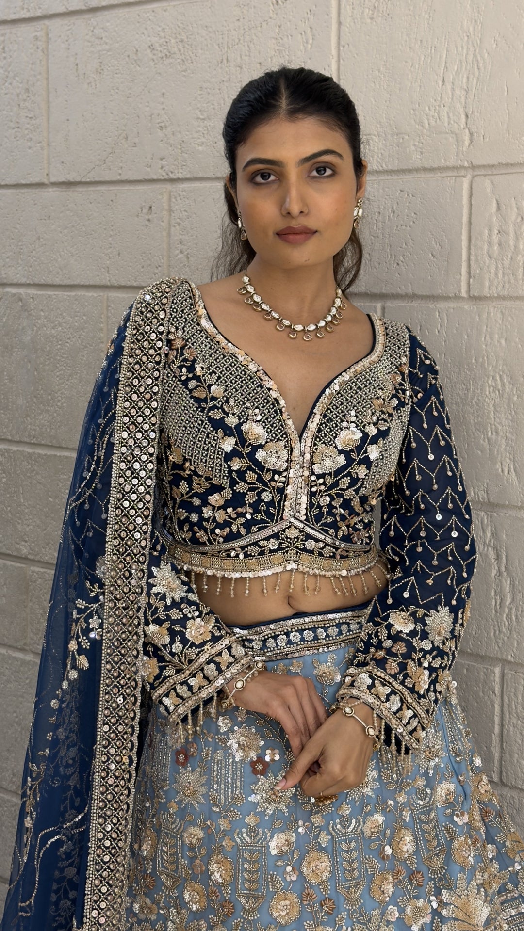 Navy Blue Floral Embroidered Bridal Lehenga Set with Dupatta