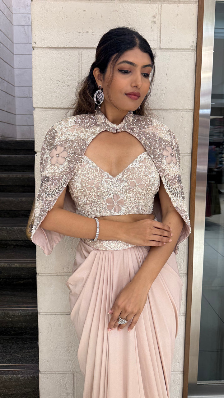 Blush Pink Embroidered Crop Top & Draped Skirt Indo-Western Set with Cape