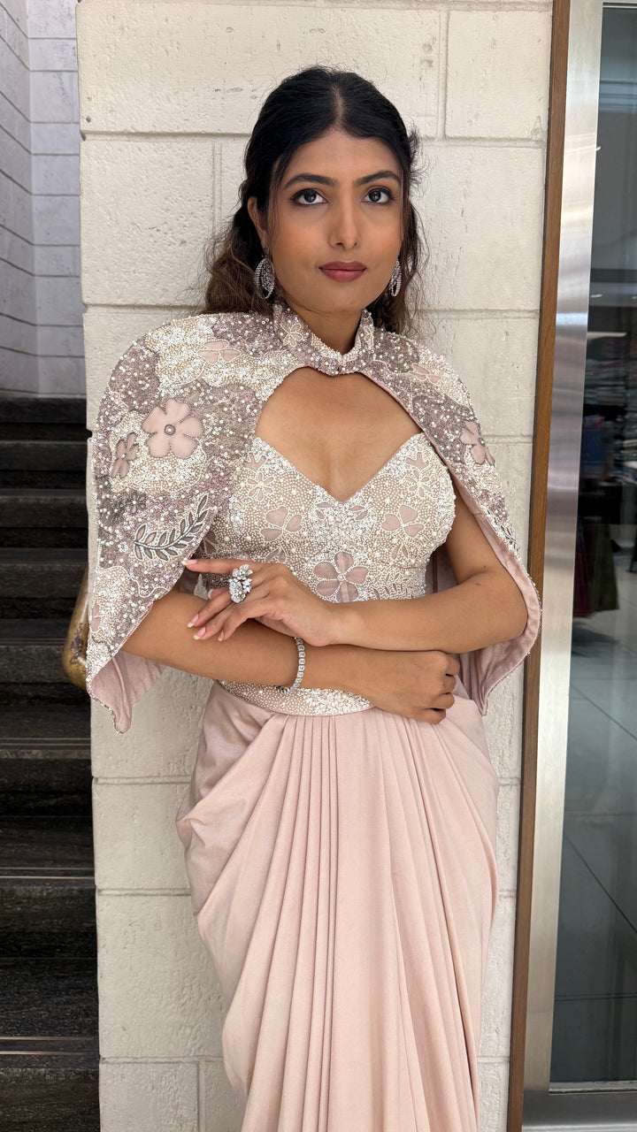 Blush Pink Embroidered Crop Top & Draped Skirt Indo-Western Set with Cape