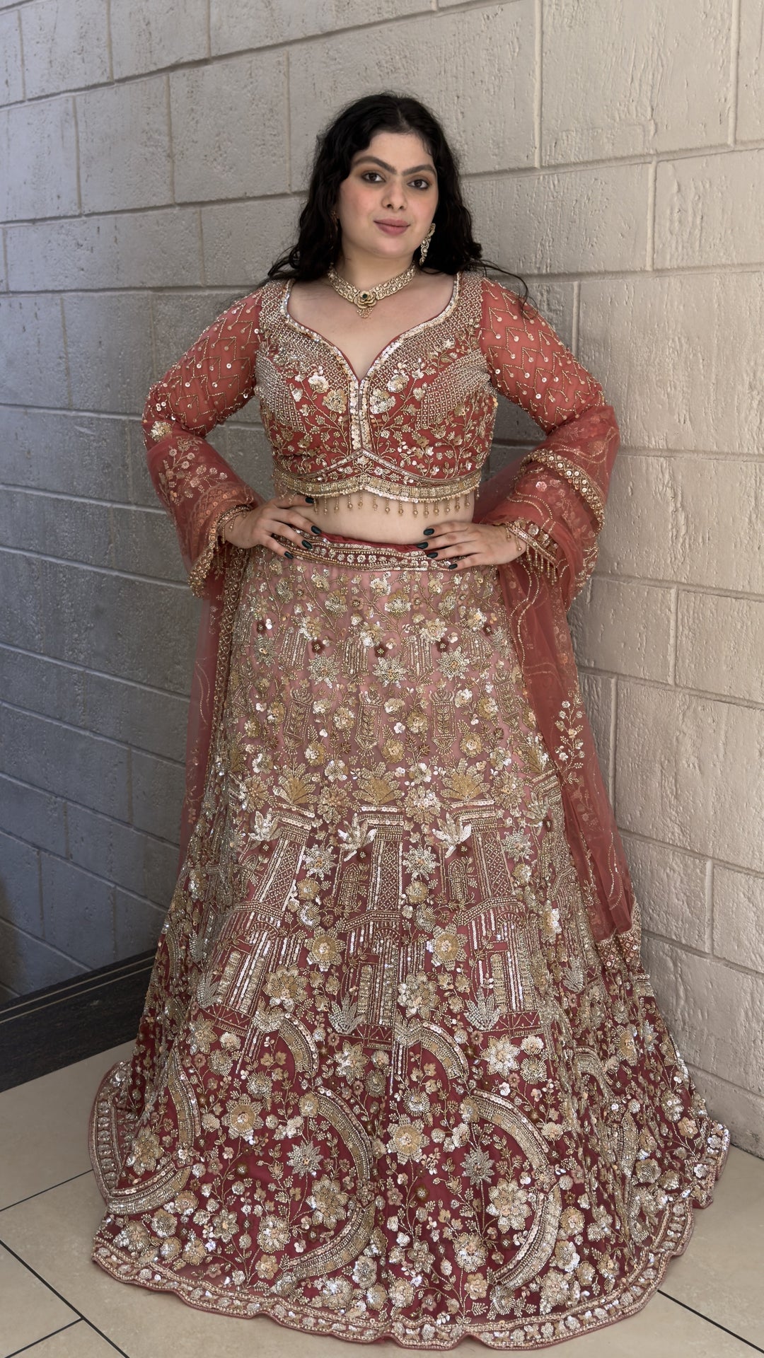 Dusty Rose Floral Embroidered Bridal Lehenga Set with Dupatta
