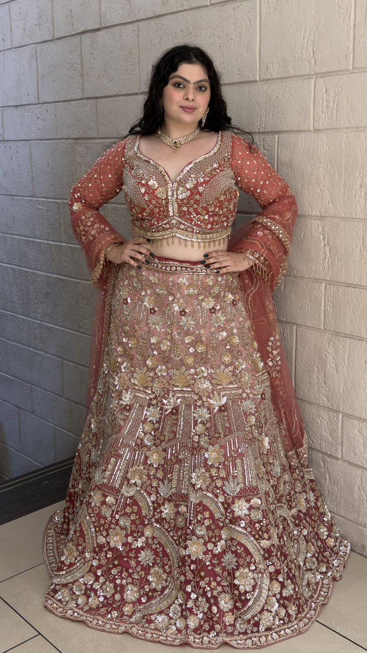 Dusty Rose Floral Embroidered Bridal Lehenga Set with Dupatta