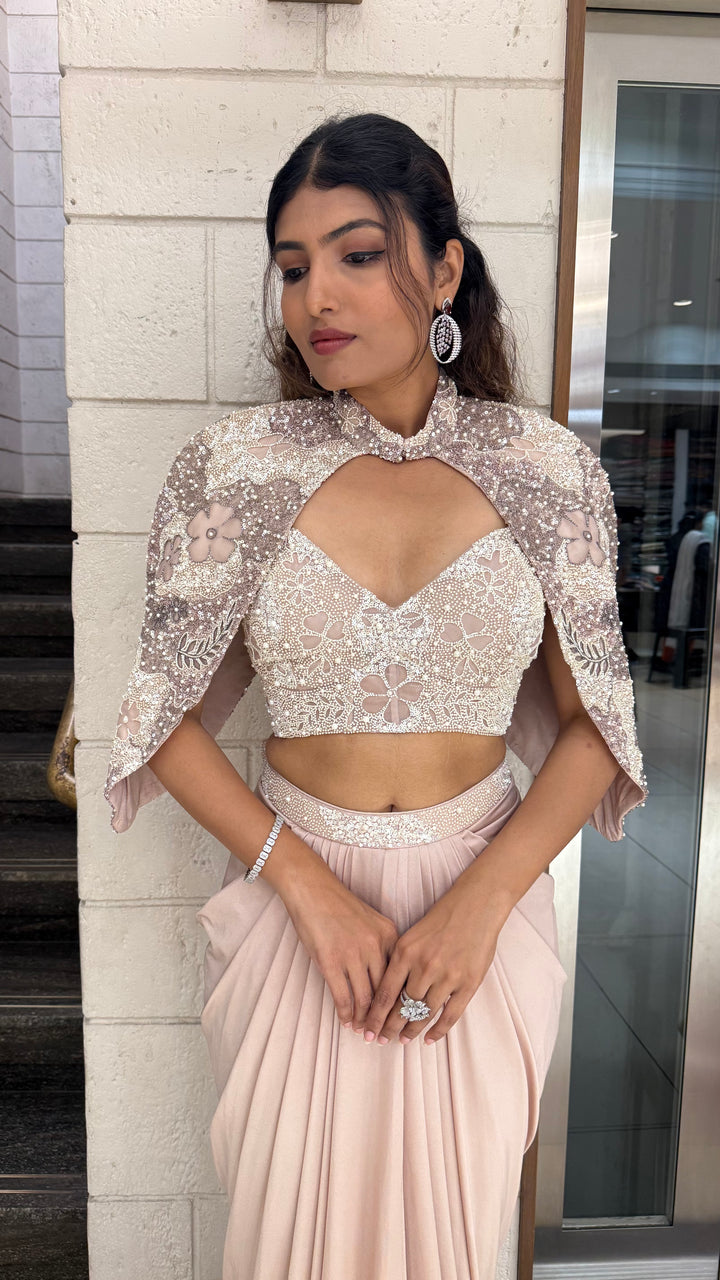 Blush Pink Embroidered Crop Top & Draped Skirt Indo-Western Set with Cape