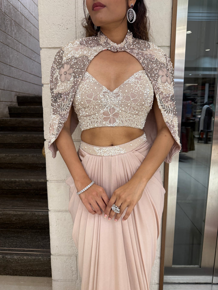 Blush Pink Embroidered Crop Top & Draped Skirt Indo-Western Set with Cape