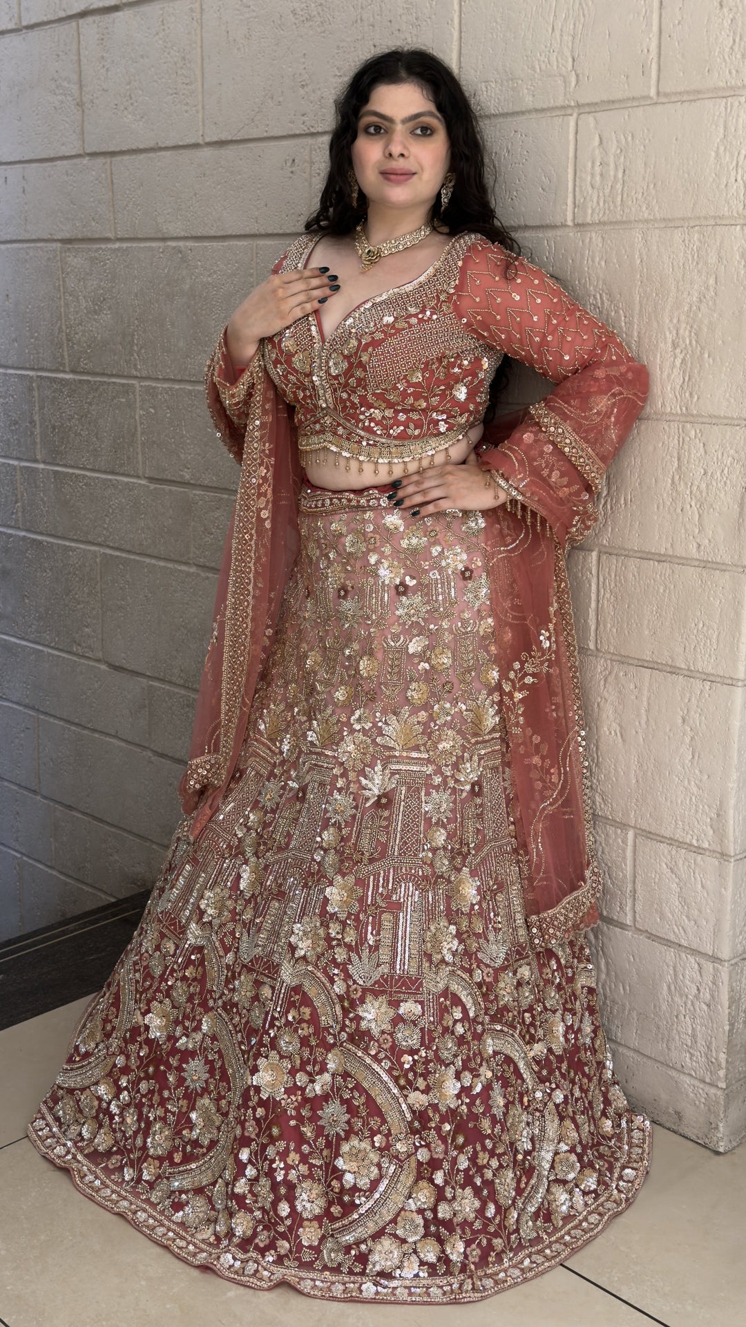 Dusty Rose Floral Embroidered Bridal Lehenga Set with Dupatta