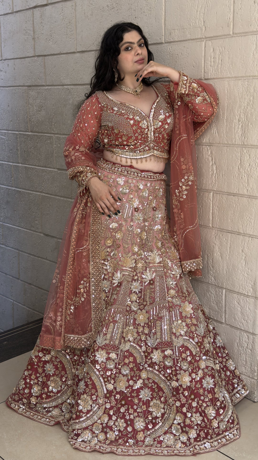 Dusty Rose Floral Embroidered Bridal Lehenga Set with Dupatta