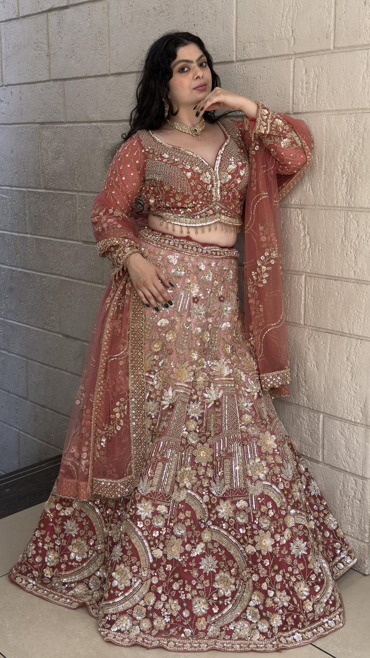 Dusty Rose Floral Embroidered Bridal Lehenga Set with Dupatta